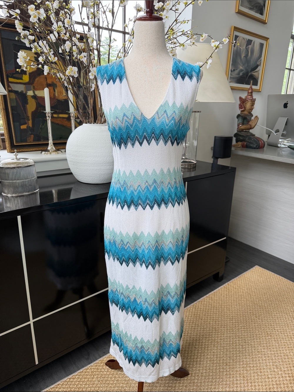 M by Missoni Teal & White Chevron Mid-Calf Dress M